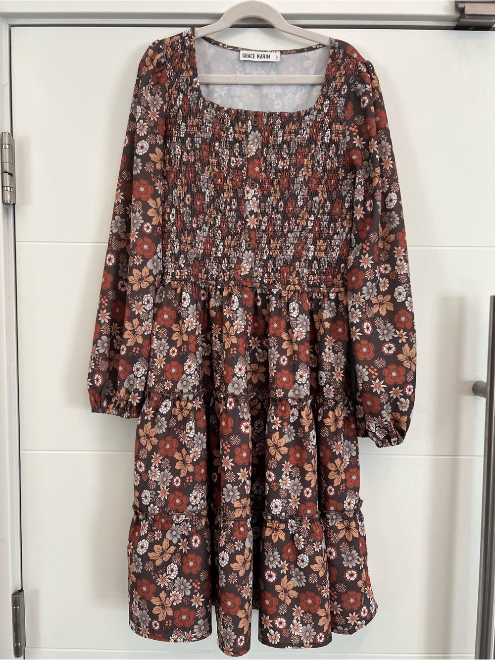 Smocked Floral Tiered Mini Dress - Rust Multi - Picture 2 of 9